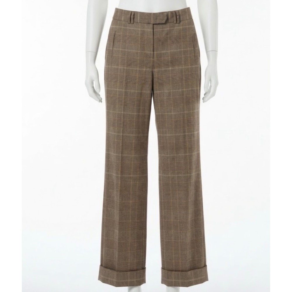 Larry Levine Women's Brown Plaid Stretch Wide Leg Cuffed Pants Sz 10 Retro